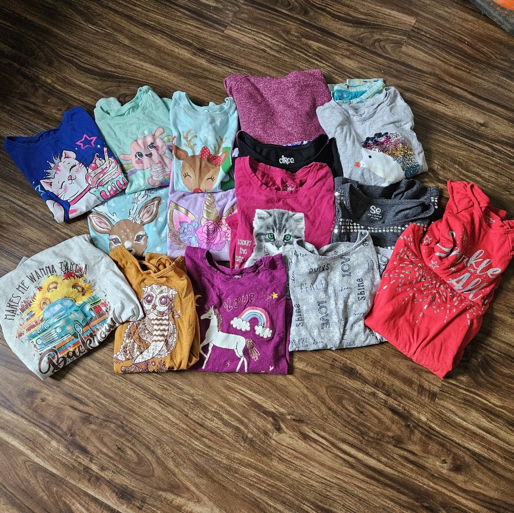 17 Long Sleeve GIRLS size 7 Shirts. Colorful Graphic T-Shirts Collection
